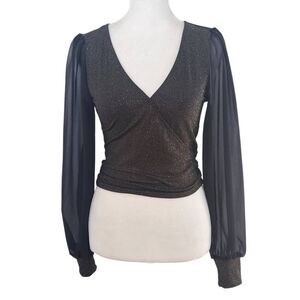 Moa Moa Black and Gold Top with Full Sheer Sleeves NWOT Size XS Black Wrap Top